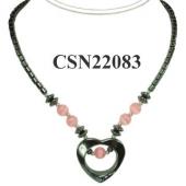 Pink Cat's Eye Opal Beads Hematite Heart Pendant Chain Choker Fashion Necklace